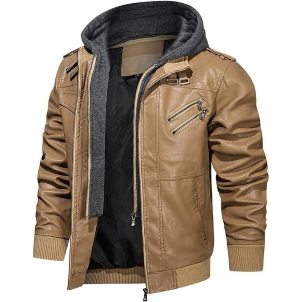 Khaki Beige Faux Leather Motorcycle Bomber Jacket Zip Up Hoodie Removable‎ Hood - Picture 4 of 6